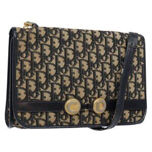 Authentic Christian Dior Trotter Canvas Shoulder Bag Navy Gold